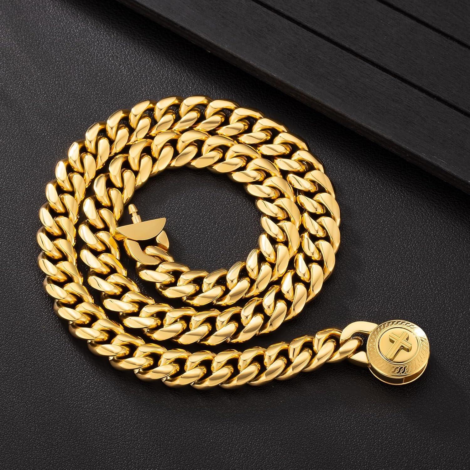 Herren Panzerkette mit Löwe Verschluss 18K Gold Edelstahl Cuban Link 12mm