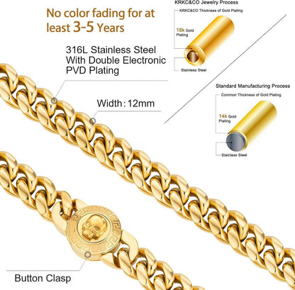 Herren Armband mit Löwe Kopf Totenkopf Verschluss 18K Gold Cuban Link 12mm 19,0cm Gold
