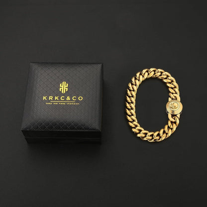 Herren Armband mit Löwe Totenkopf Verschluss 18K Gold Cuban 12mm