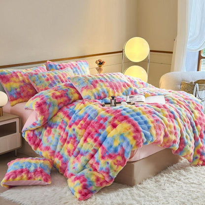 Plüsch Bettwäsche Set Winterwarm Regenbogen Bunt 220x240 cm