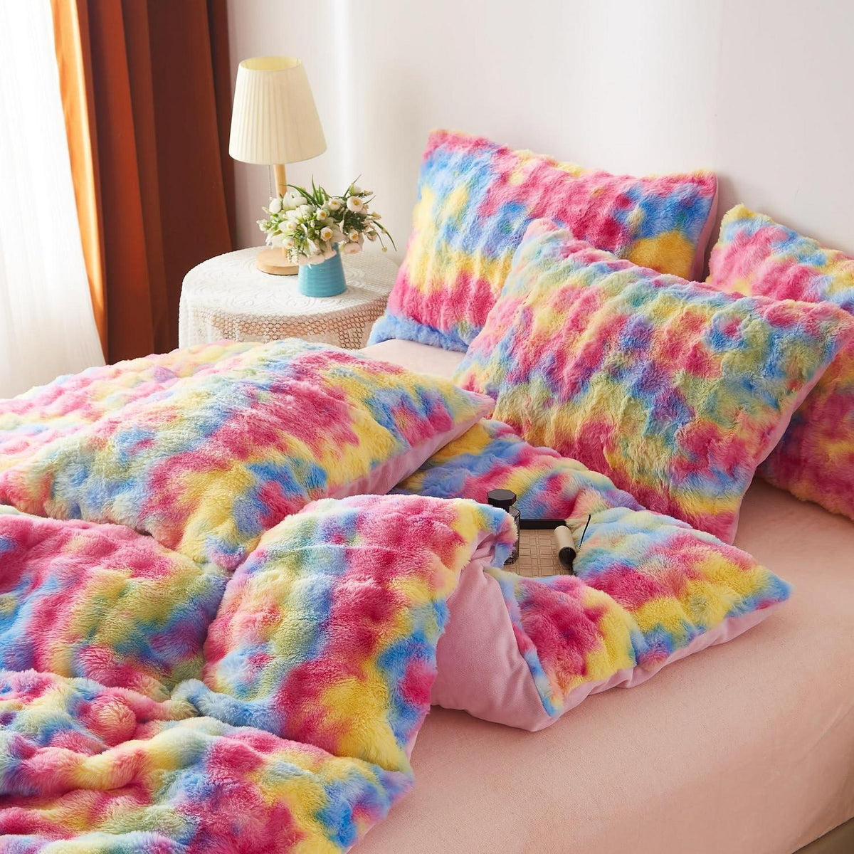 Plüsch Bettwäsche Set Winterwarm Regenbogen Bunt 220x240 cm