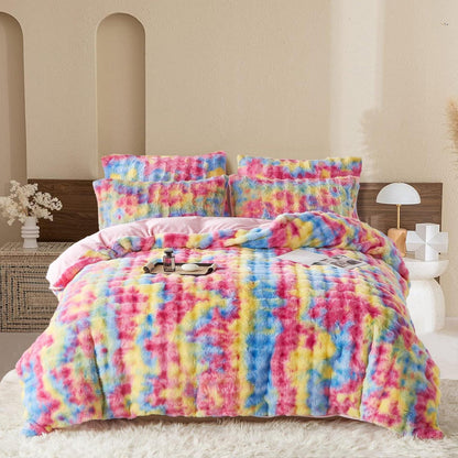 Plüsch Bettwäsche Set 200x200 Winterwarm Regenbogen Bunt