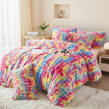 Plüsch Bettwäsche Set Winterwarm Regenbogen Bunt 155x220 cm