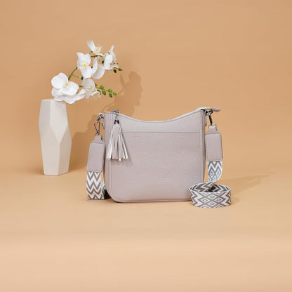 Kleine Handtasche Damen Hellgrau Umhängetasche Breiter Gurt Vegan Leder