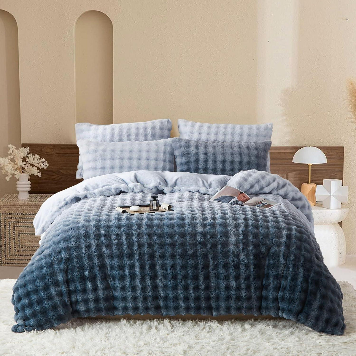 Langhaar Plüsch Bettwäsche Set 220x240 Grau Blau Winterwarm