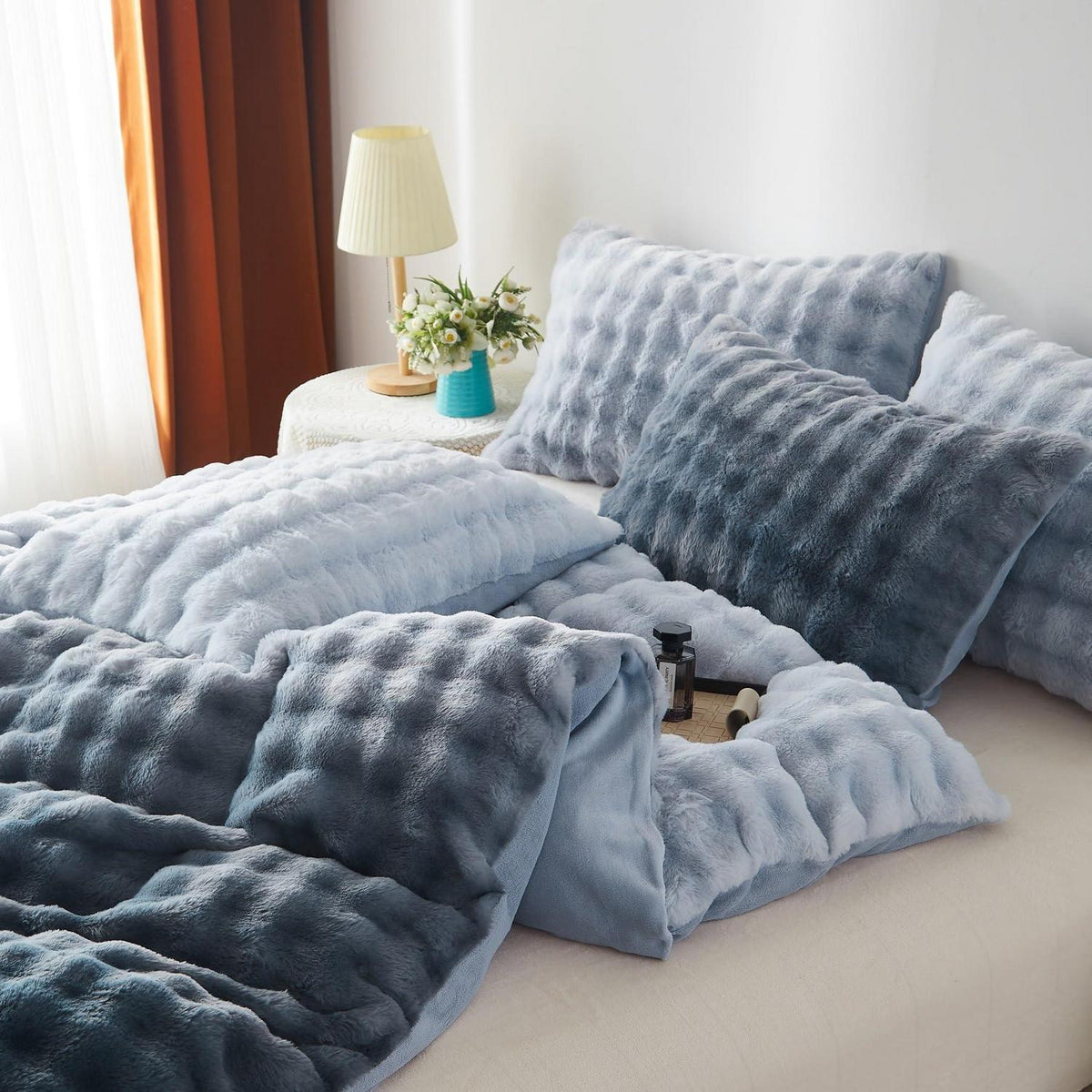 Langhaar Plüsch Bettwäsche Set 220x240 Grau Blau Winterwarm