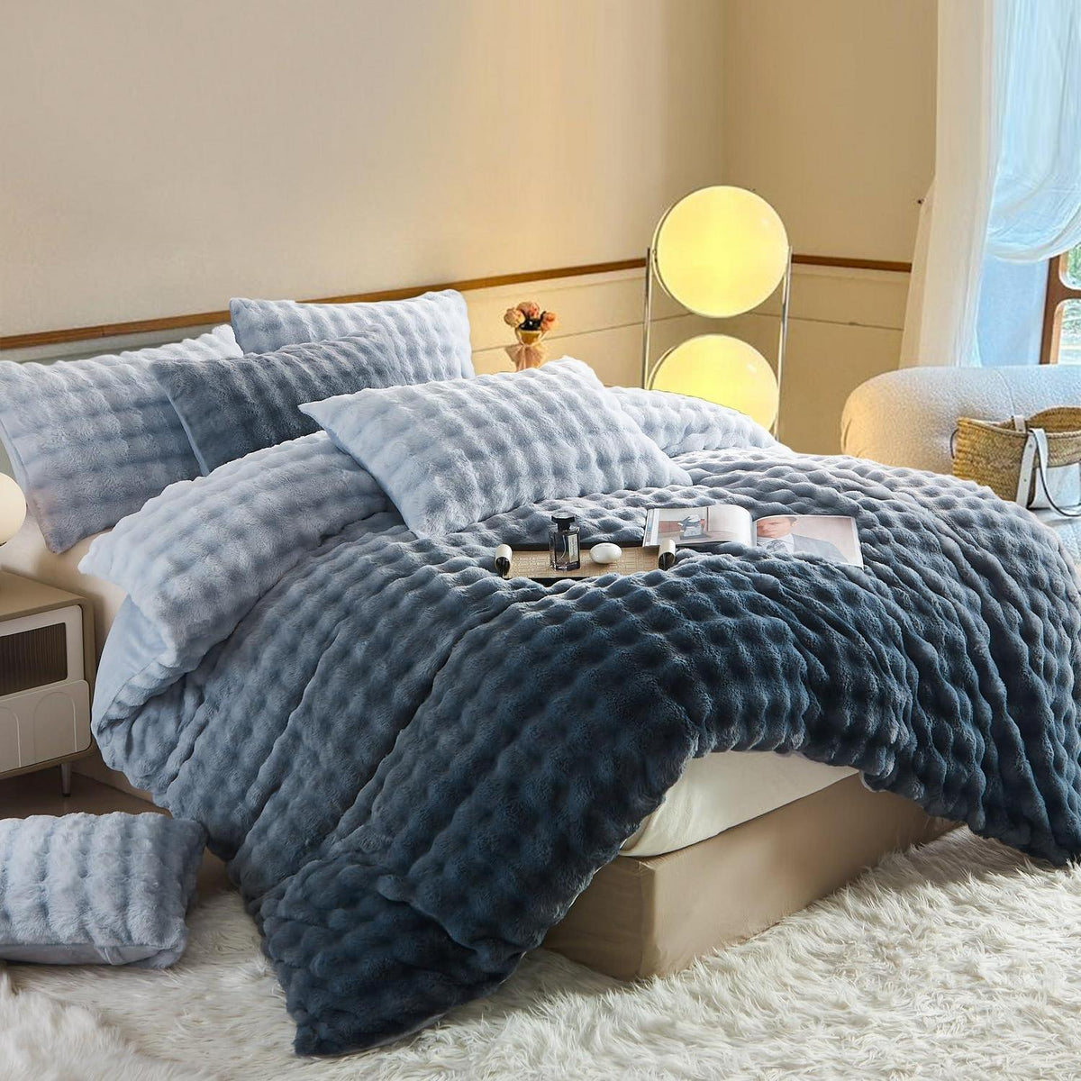 Langhaar Plüsch Bettwäsche Set Grau Blau Winterwarm