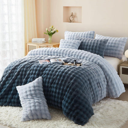 Langhaar Plüsch Bettwäsche Set 200x200 - Grau Blau Winterwarm