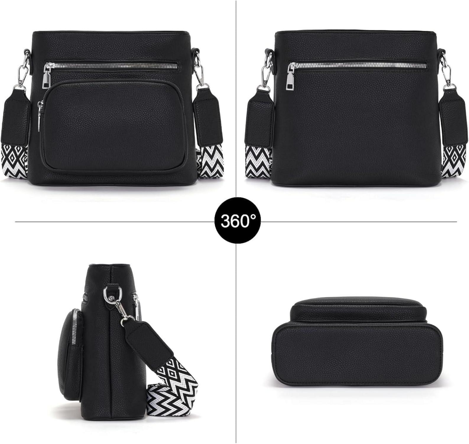 Umhängetasche Damen Mittelgroß Vegan Leder Crossbody Schwarz