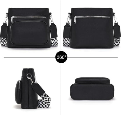 Umhängetasche Damen Mittelgroß Vegan Leder Crossbody Schwarz
