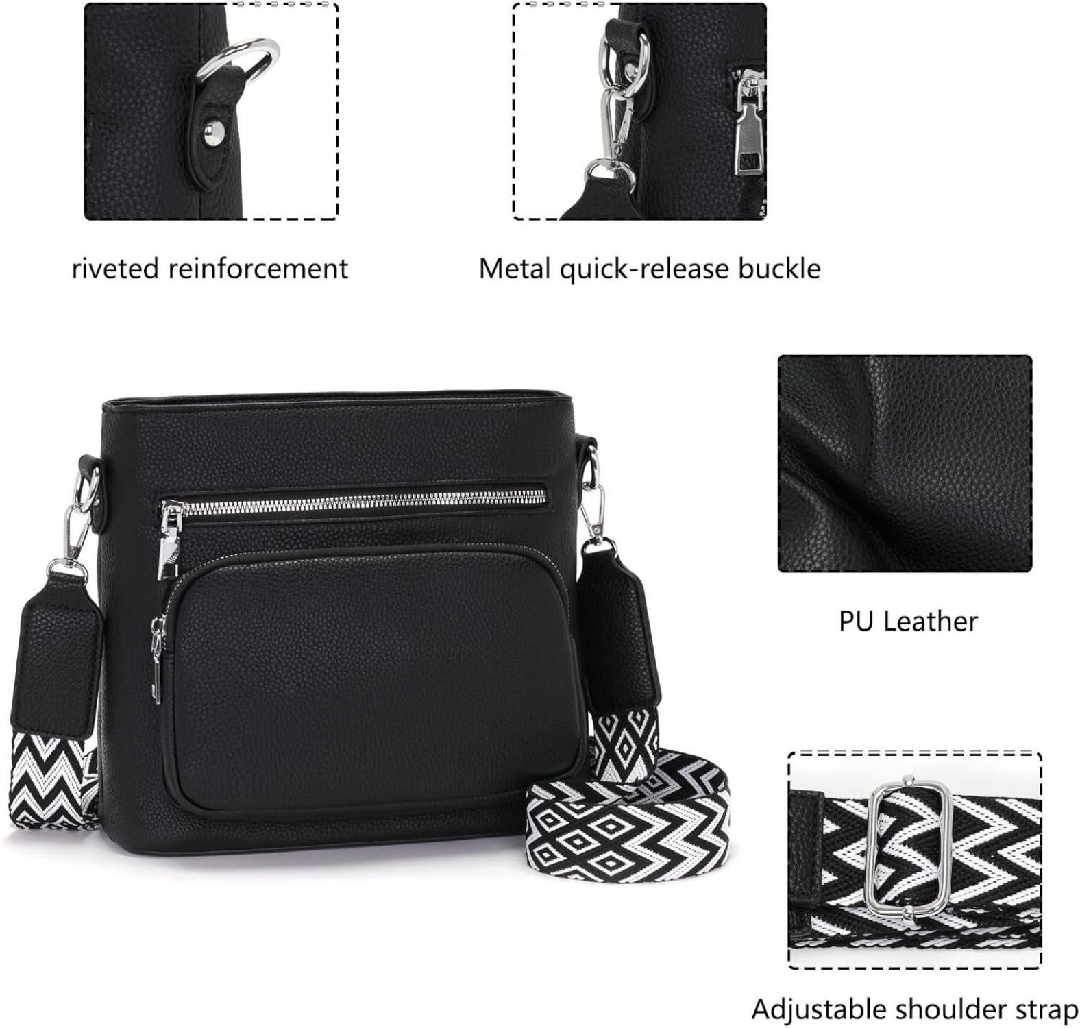 Umhängetasche Damen Mittelgroß Veganes Leder Crossbody Schwarz