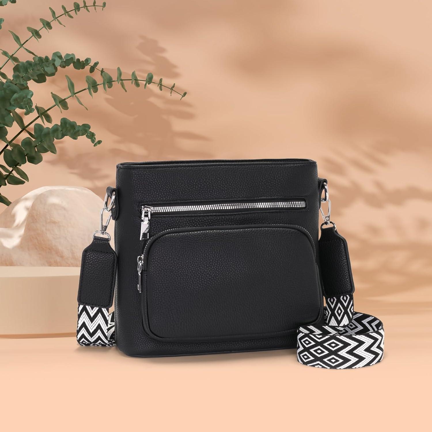 Umhängetasche Damen Mittelgroß Veganes Leder Crossbody Schwarz