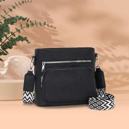 Umhängetasche Damen Mittelgroß Veganes Leder Crossbody Schwarz