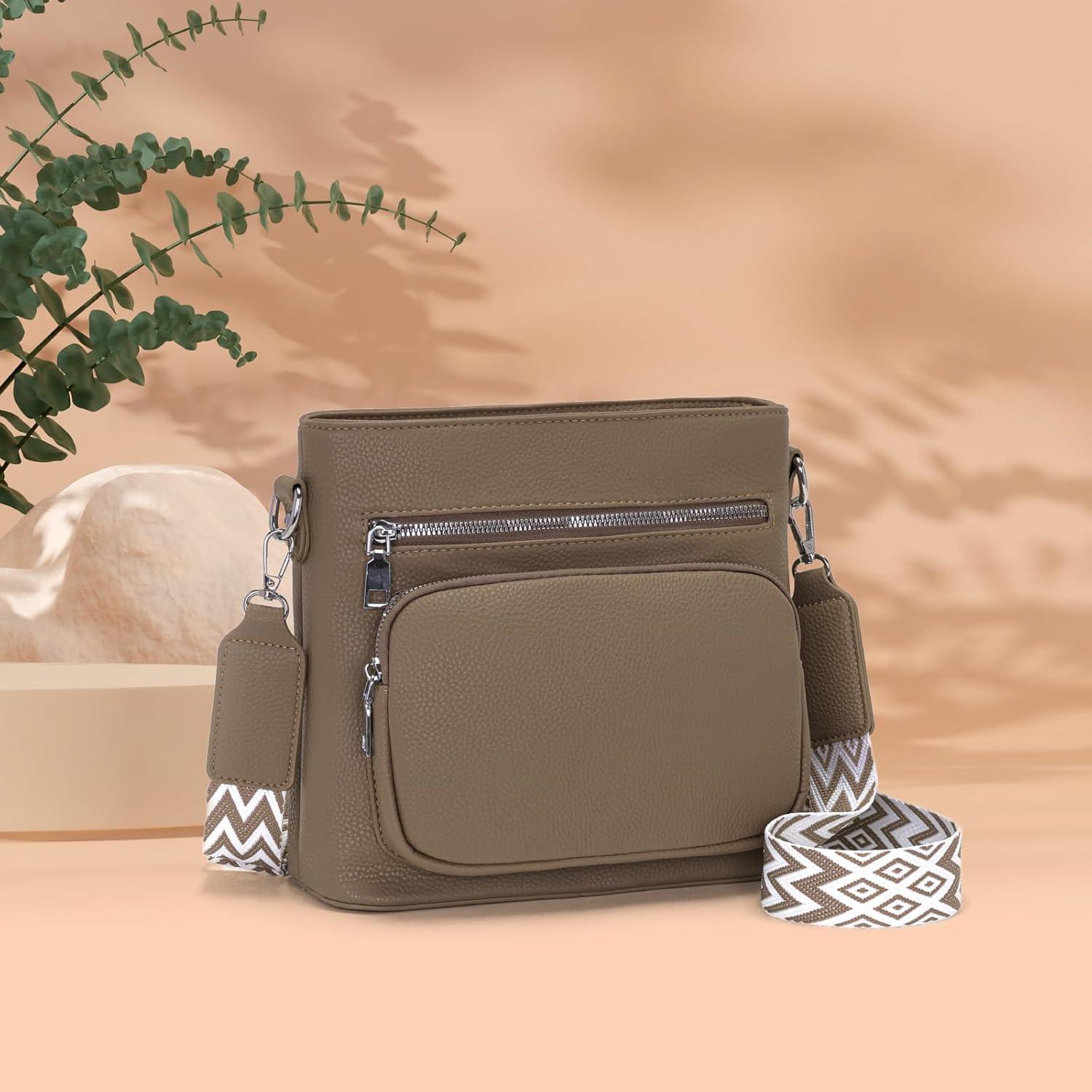 Umhängetasche Damen Mittelgroß Crossbody Bag Veganes Leder Khaki