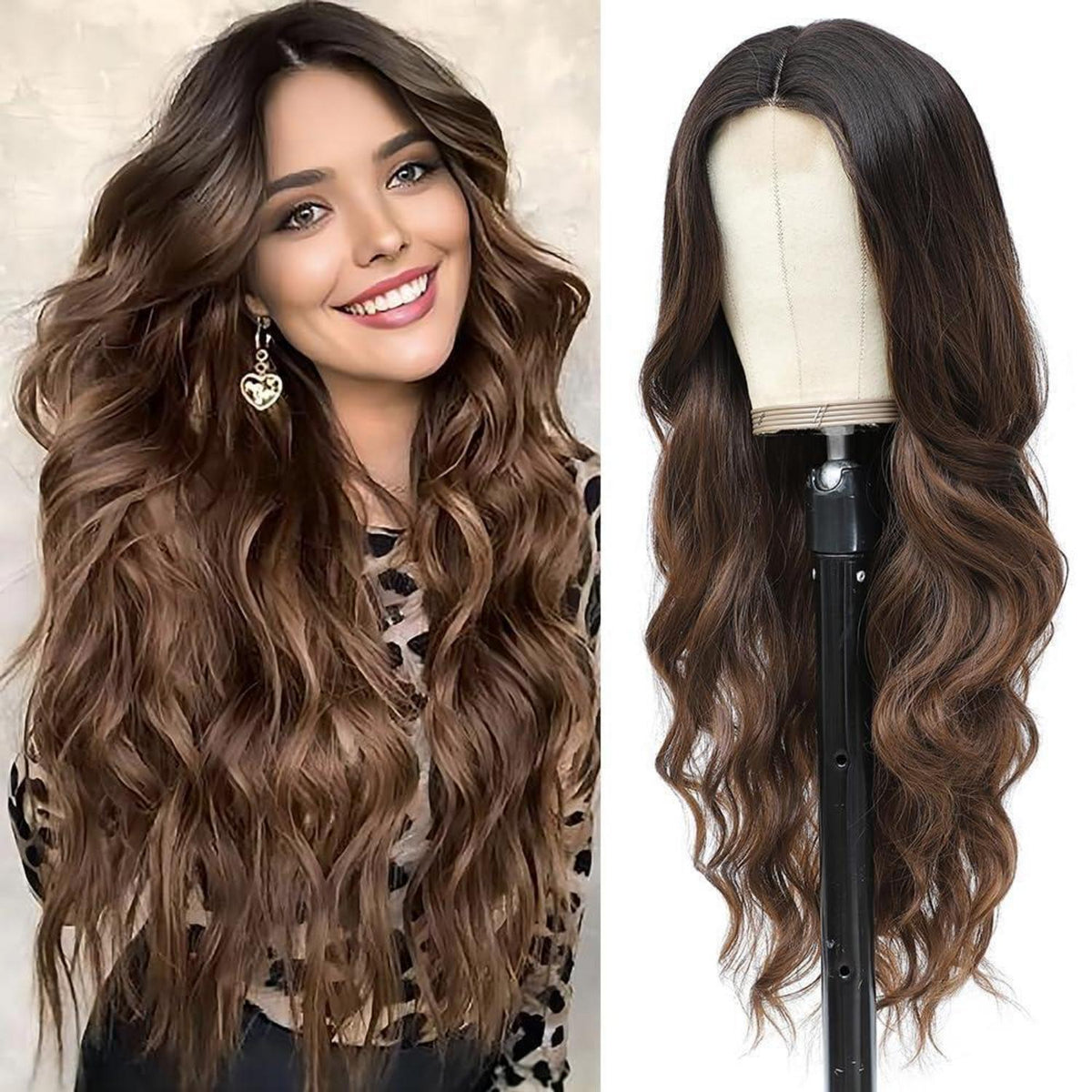 Lange Wellige Braun Ombre Perücke 66cm – Synthetisch & Hitzebeständig