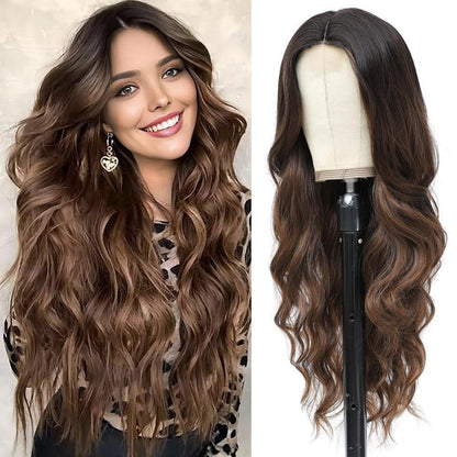 Lange Wellige Braun Ombre Perücke 66cm – Synthetisch & Hitzebeständig