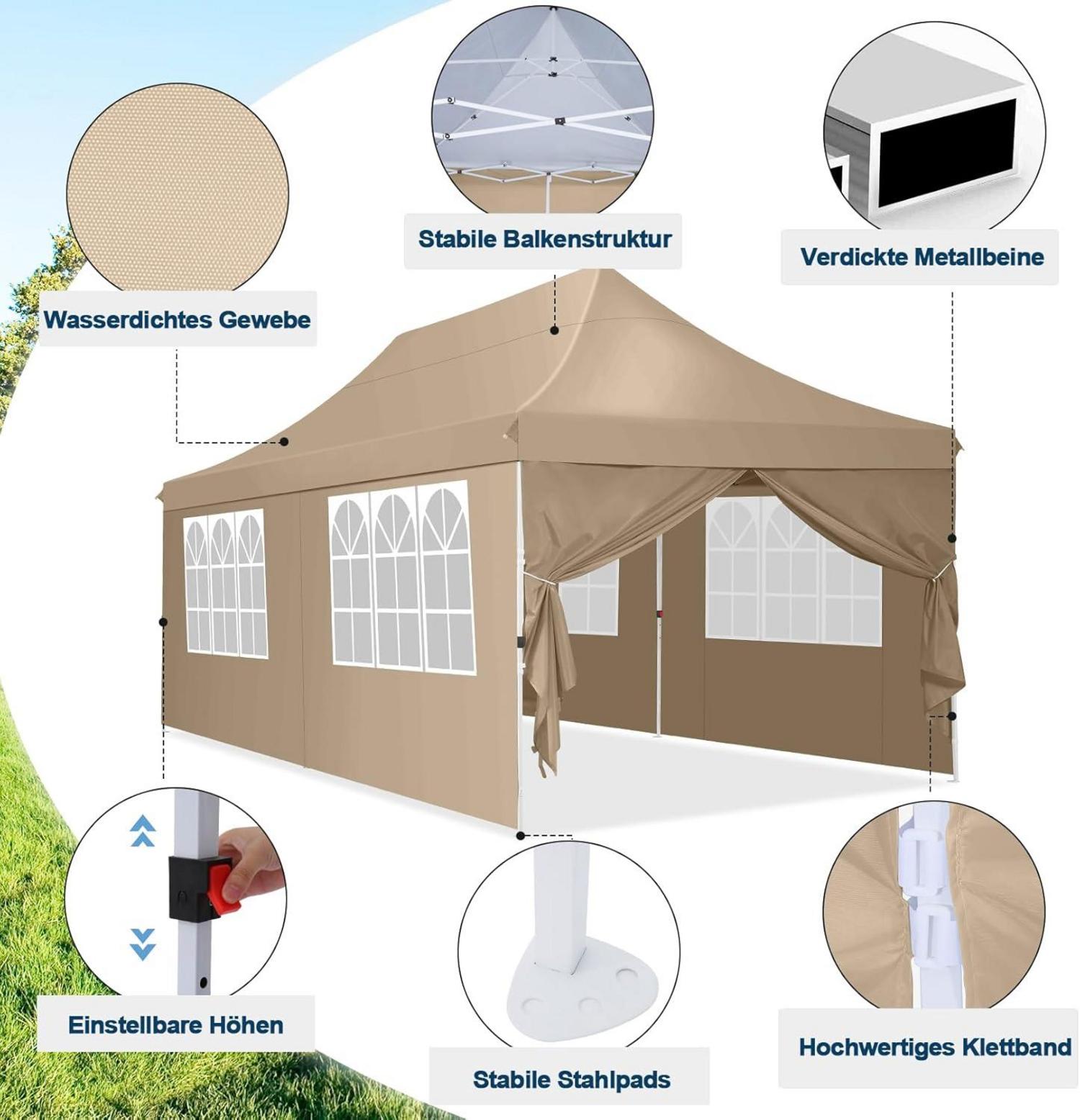 Faltpavillon 3x6m Wasserdicht Stabil mit 6 Seitenwänden