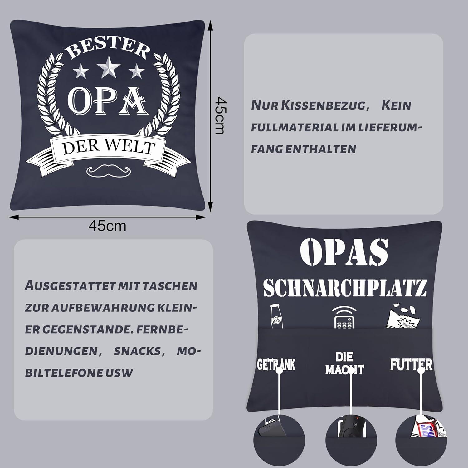 Kissenbezug für Opa mit 3 Taschen, 45x45 cm, Geschenk