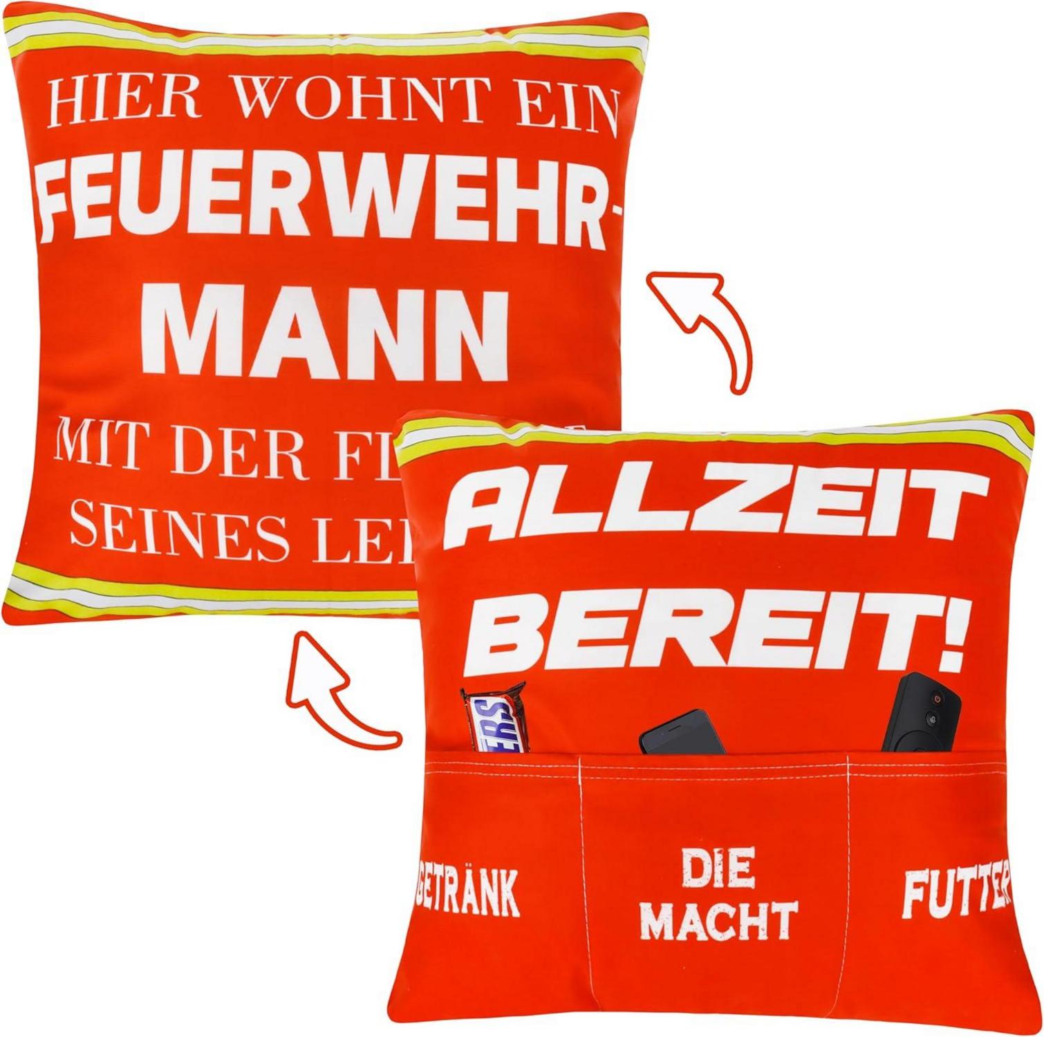 Feuerwehr Kissenbezug 45x45 mit 3 Taschen - Geschenk Feuerwehrmann
