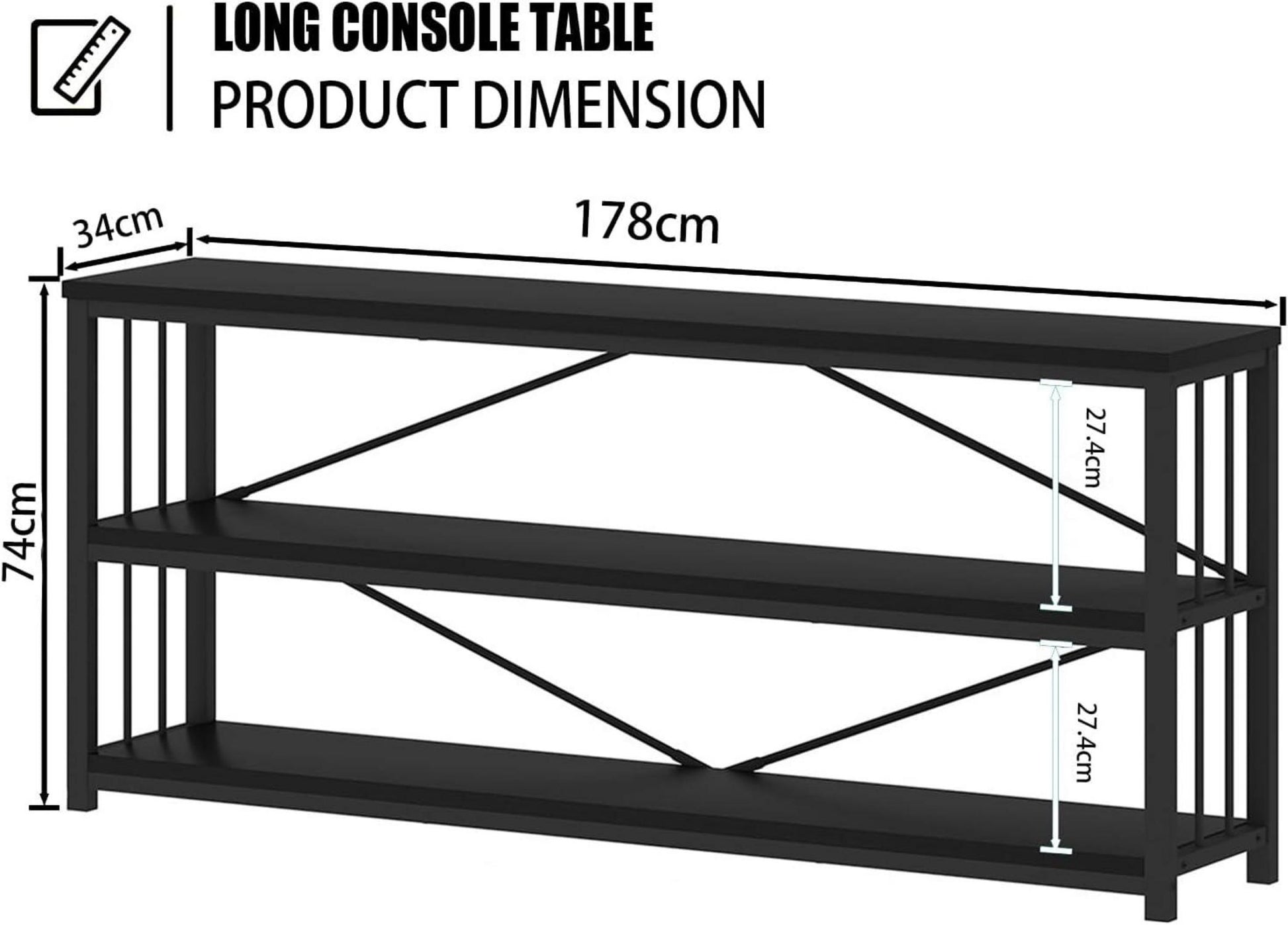 Konsolentisch Holz Bücherregal 3 Ebenen Schwarz 34x178x74 cm