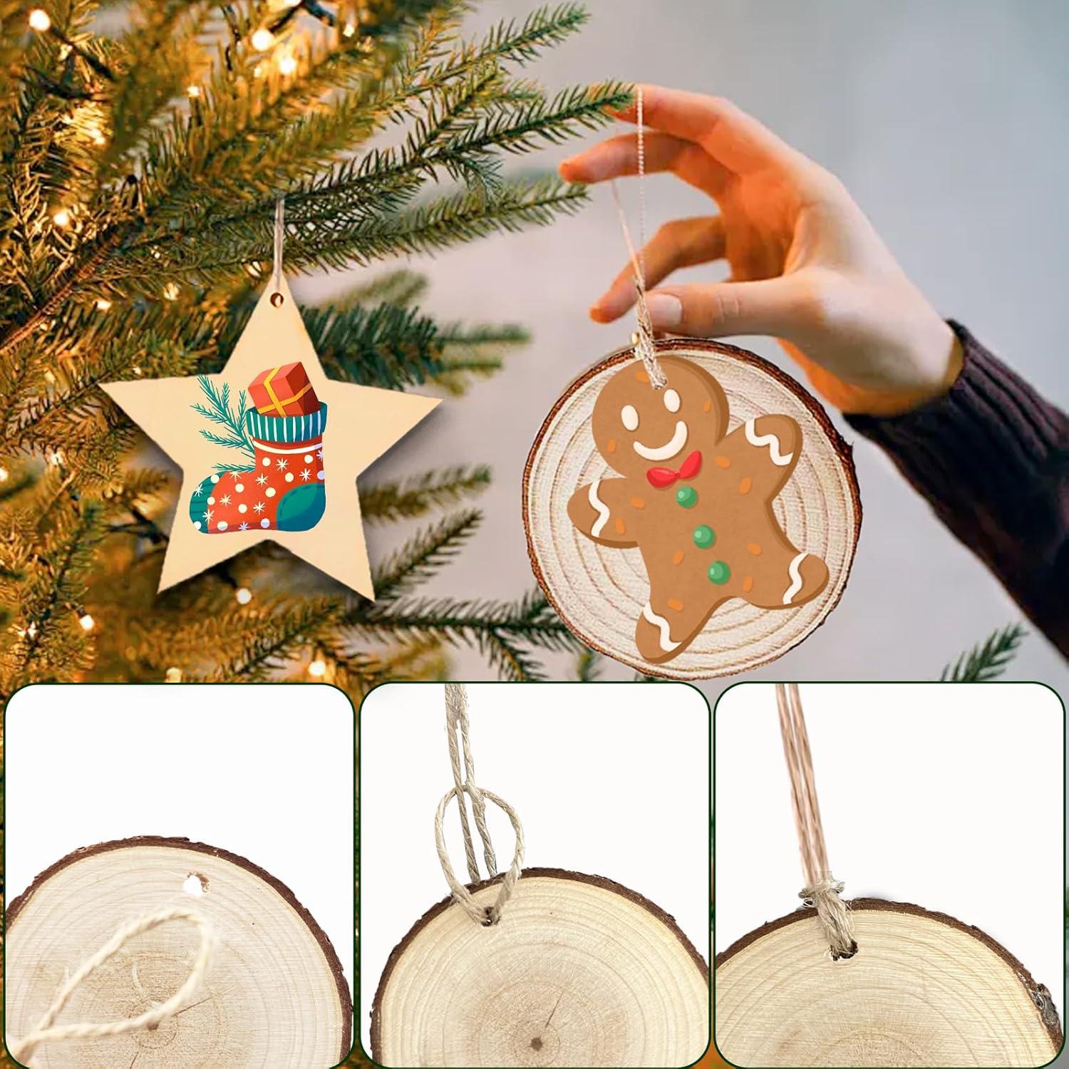 Weihnachtsdeko Holzscheiben Baumscheiben Holzsterne Basteln DIY Weihnachten Handwerk Deko Juteseil