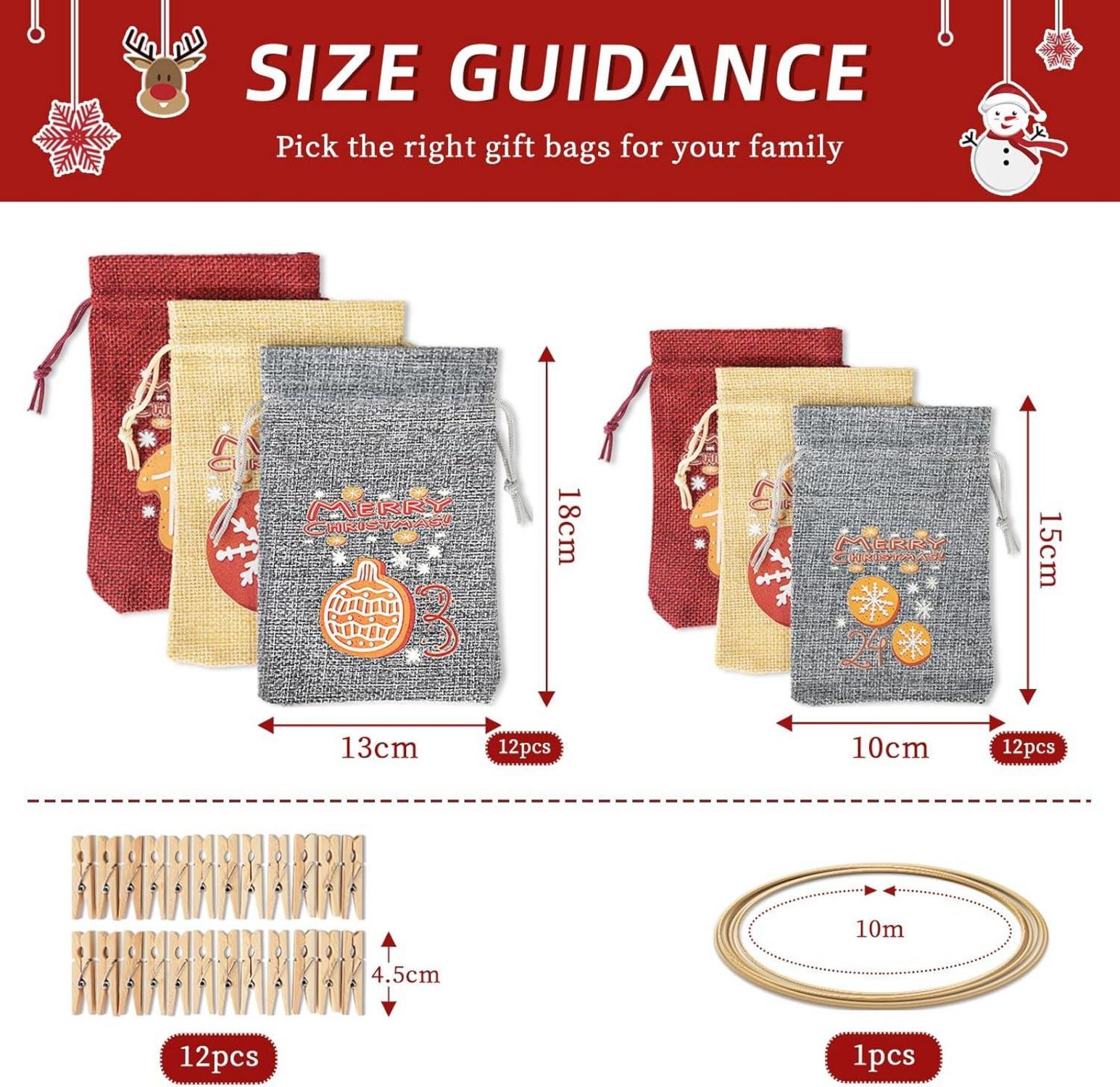 Adventskalender Stoffbeutel Holzklammern Hanfseil DIY 2 Größen