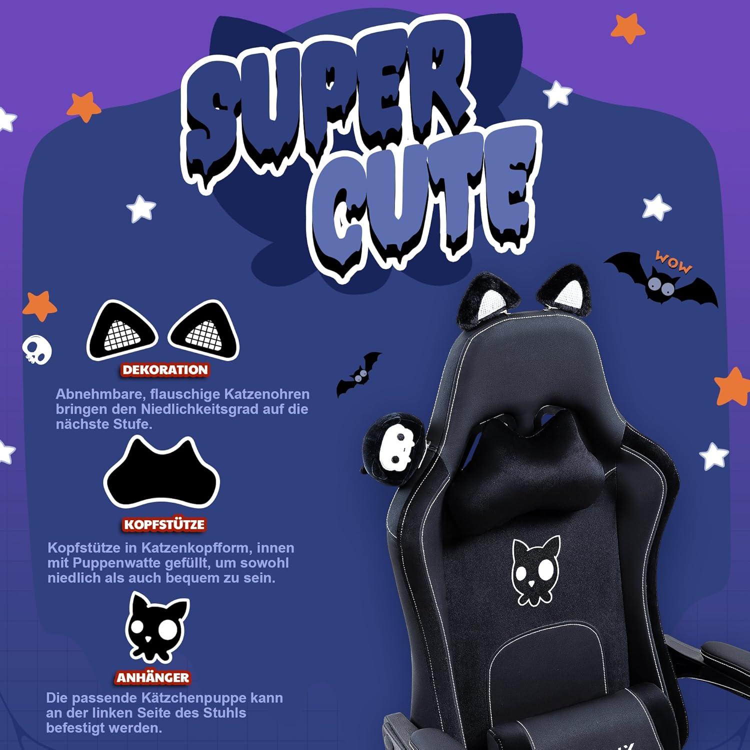 Dowinx Gaming Stuhl Katze Edition mit Lendenwirbelstütze, PU-Leder, Fußstütze, Schwarz