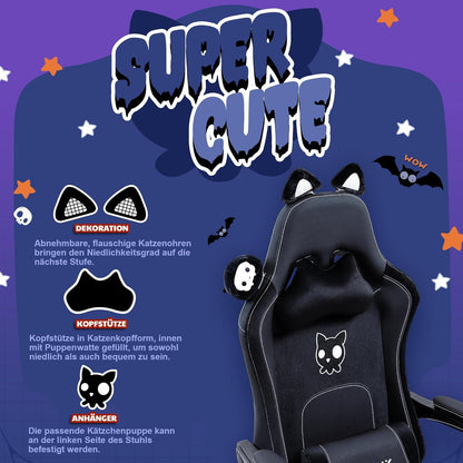 Dowinx Gaming Stuhl Katze Edition mit Lendenwirbelstütze, PU-Leder, Fußstütze, Schwarz