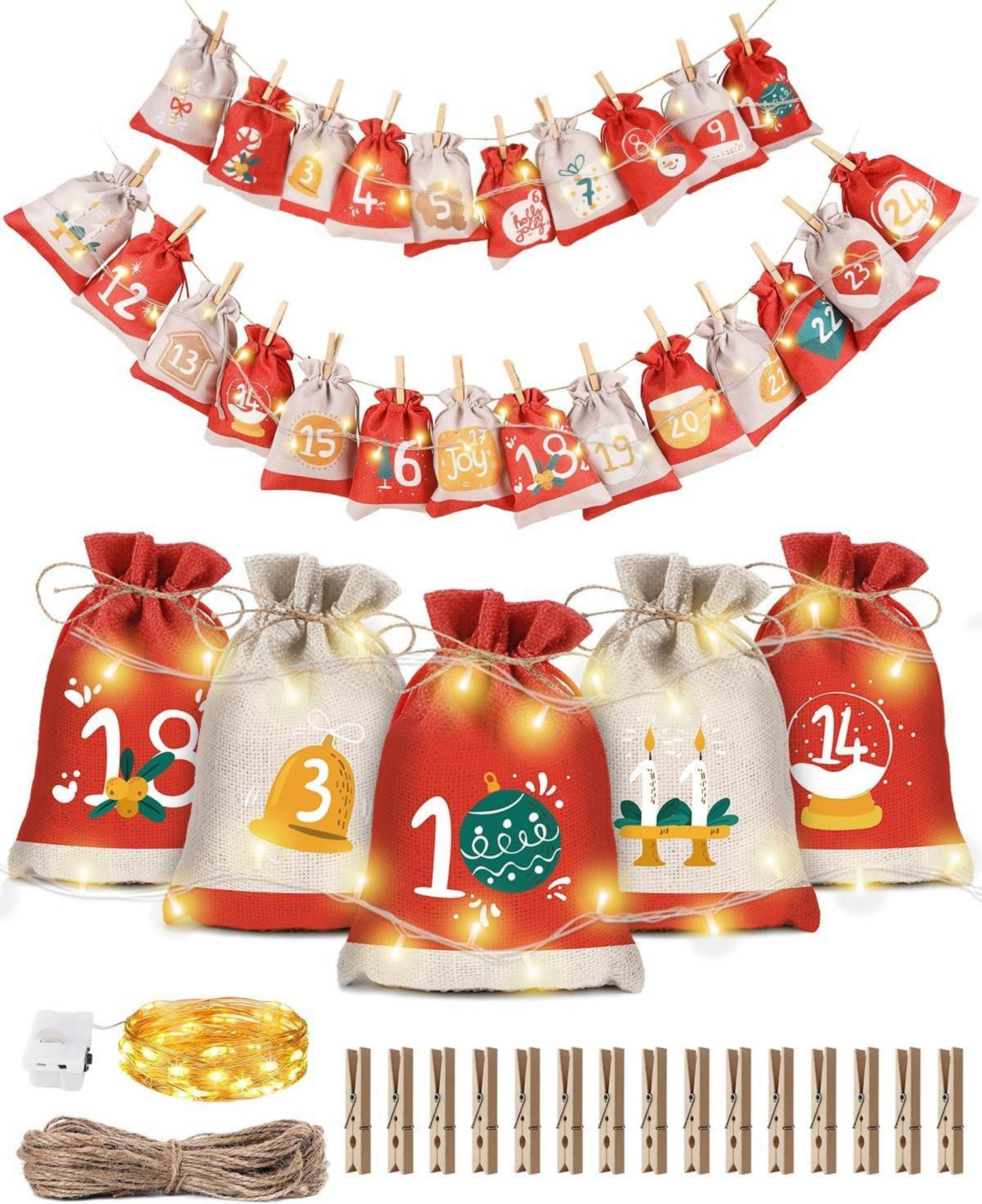 Adventskalender Stoff Kinder Weihnachtskalender Set Lichterkette 2m