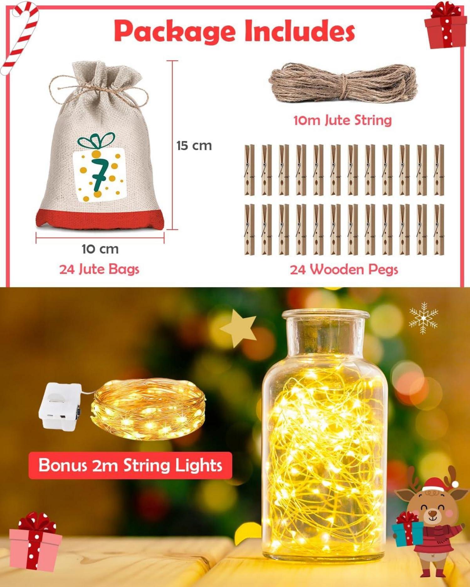 Adventskalender Stoff Kinder Weihnachtskalender Set Lichterkette 2m