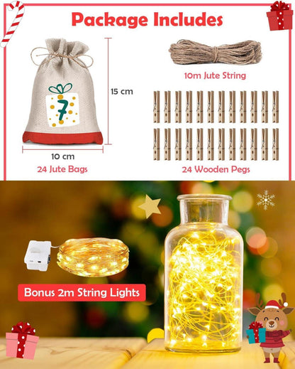Adventskalender Stoff Kinder Weihnachtskalender Set Lichterkette 2m