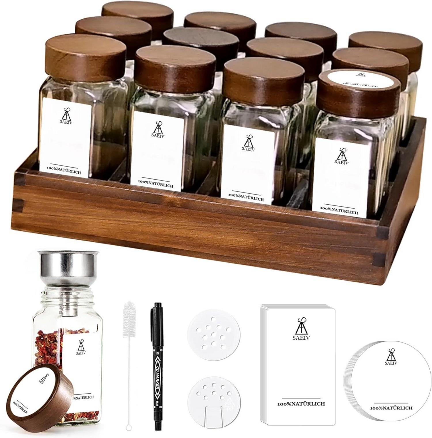 Umweltfreundliches Akazien-Gewürzregal Holz 12 Fächer 120ml-Gläser