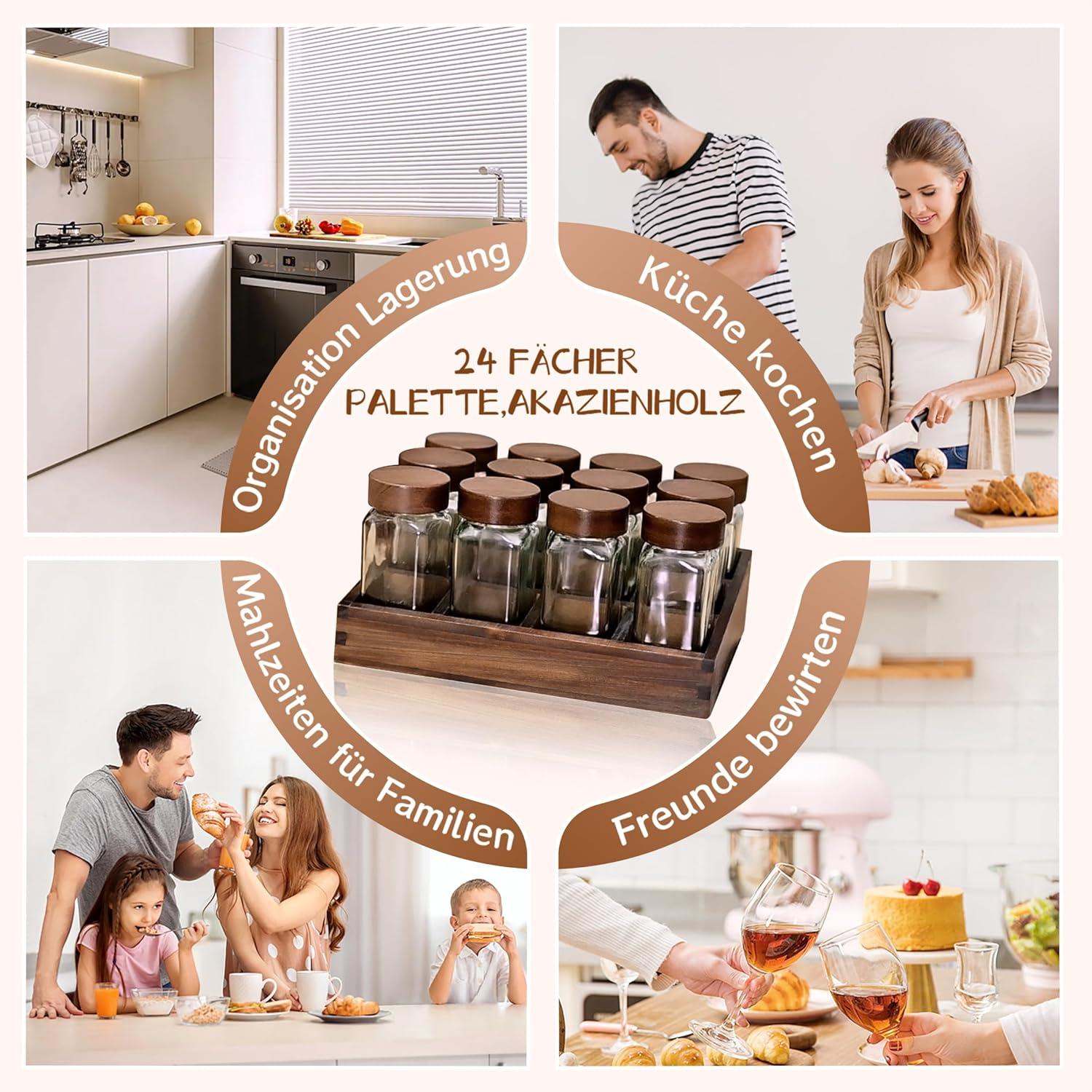 Umweltfreundliches Akazien-Gewürzregal Holz 12 Fächer 120ml-Gläser