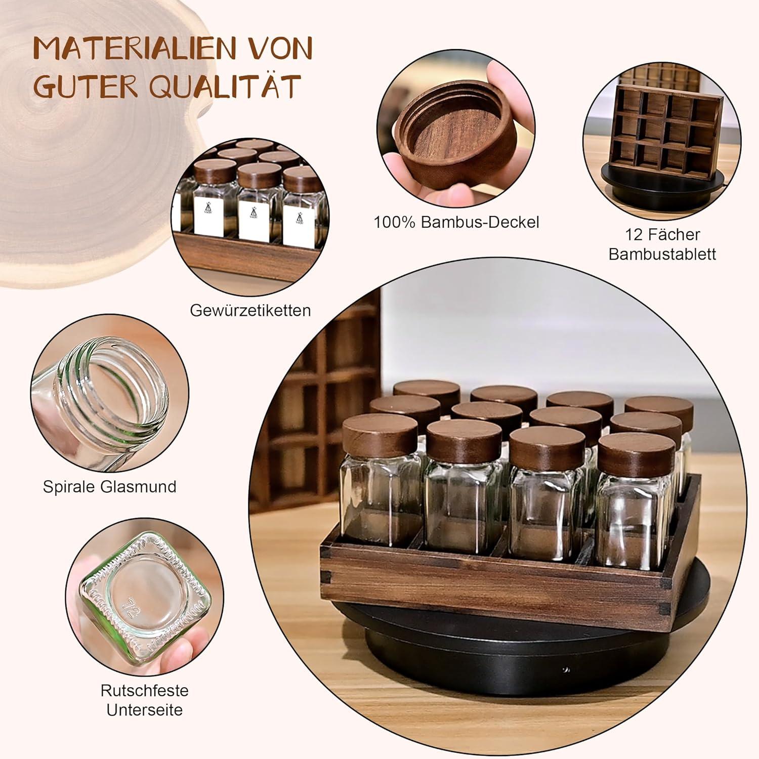 Akazien-Gewürzregal Holz 12 Fächer 12 120ml-Gläser Gewürz Organizer