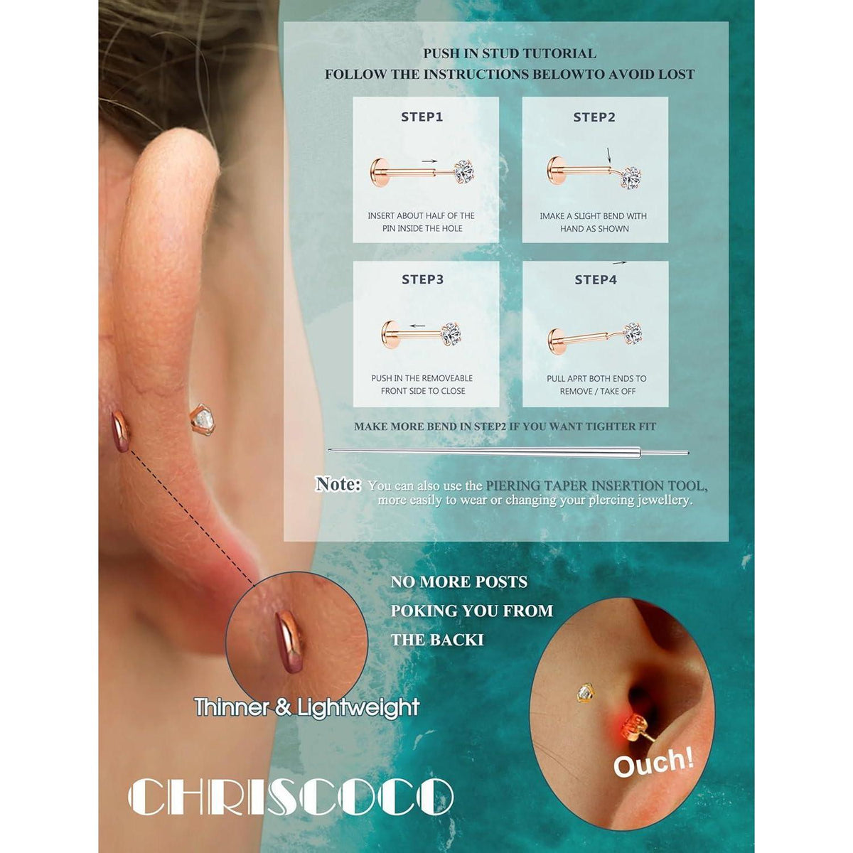 G23 Titan Labret Piercing mit CZ, Roségold, 3 Stück