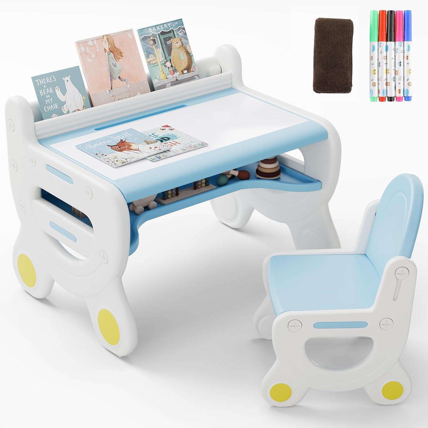Kindertisch mit Stühlen Stauraum Blau ergonomisch Multifunktional