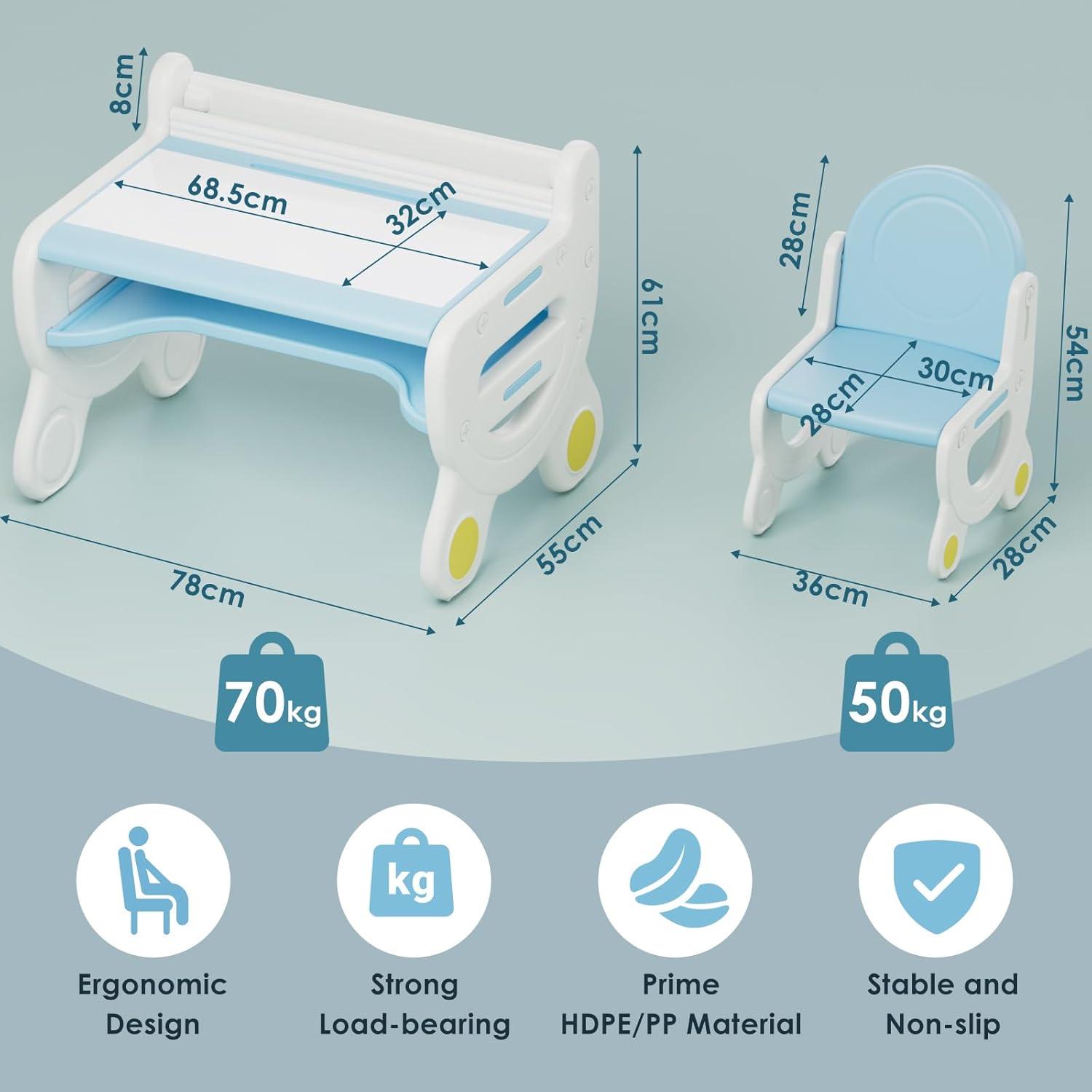 Kindertisch mit Stühlen Stauraum Blau ergonomisch Multifunktional