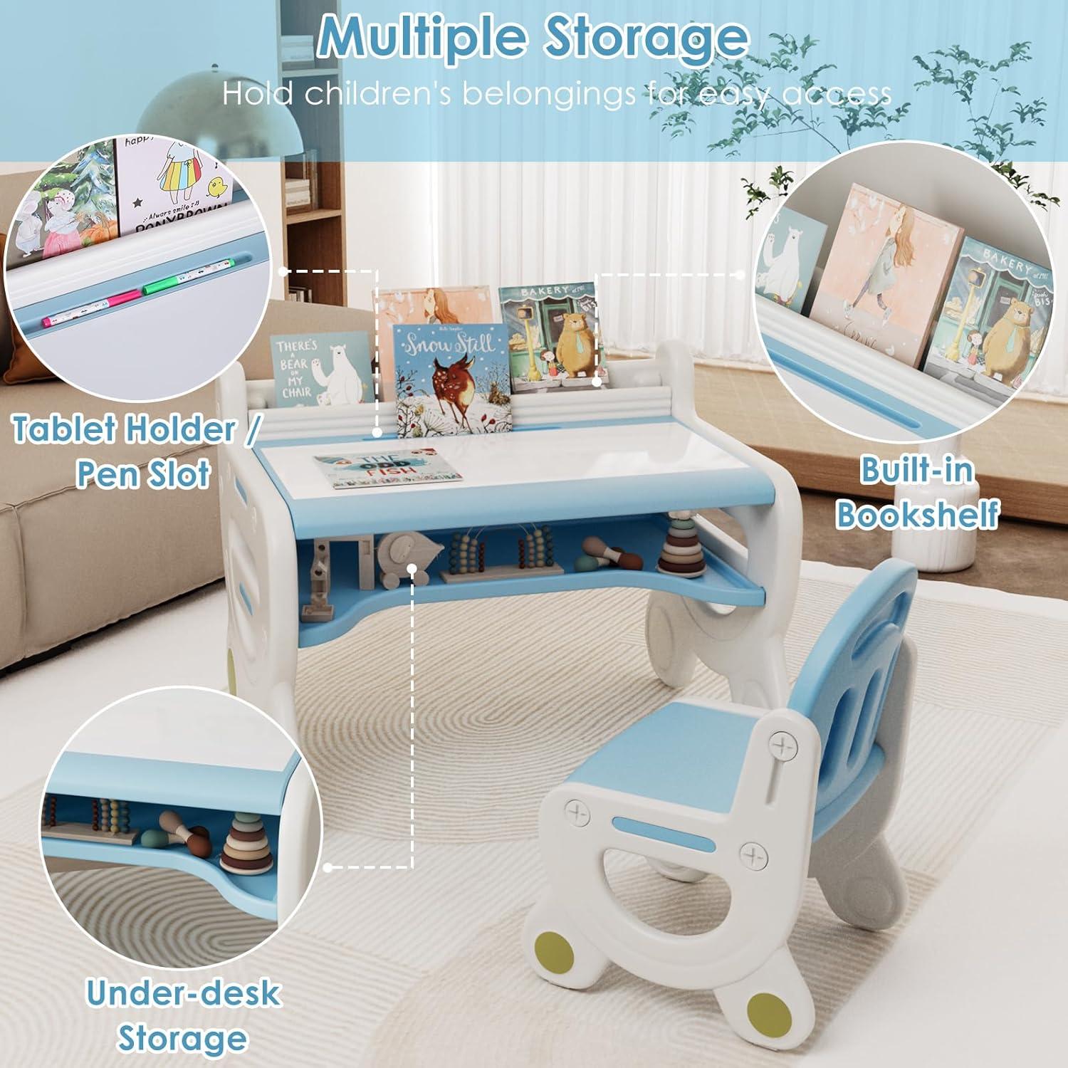 Kinder Schreibtisch und Stuhlset mit Stauraum, ergonomisch, blau