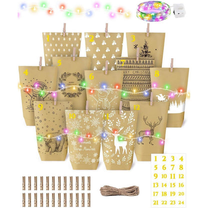 GRANDFUN Papiertüten Adventskalender mit Lichterkette & 24