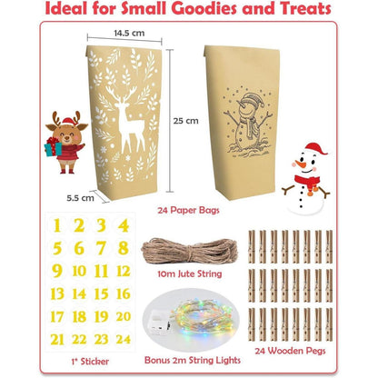 GRANDFUN Papiertüten Adventskalender mit Lichterkette & 24