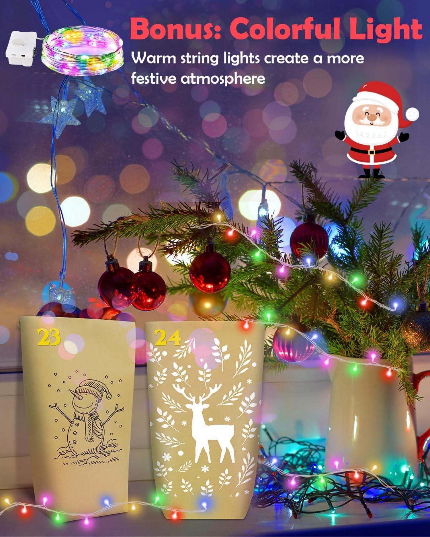 GRANDFUN Papiertüten Adventskalender mit Lichterkette & 24