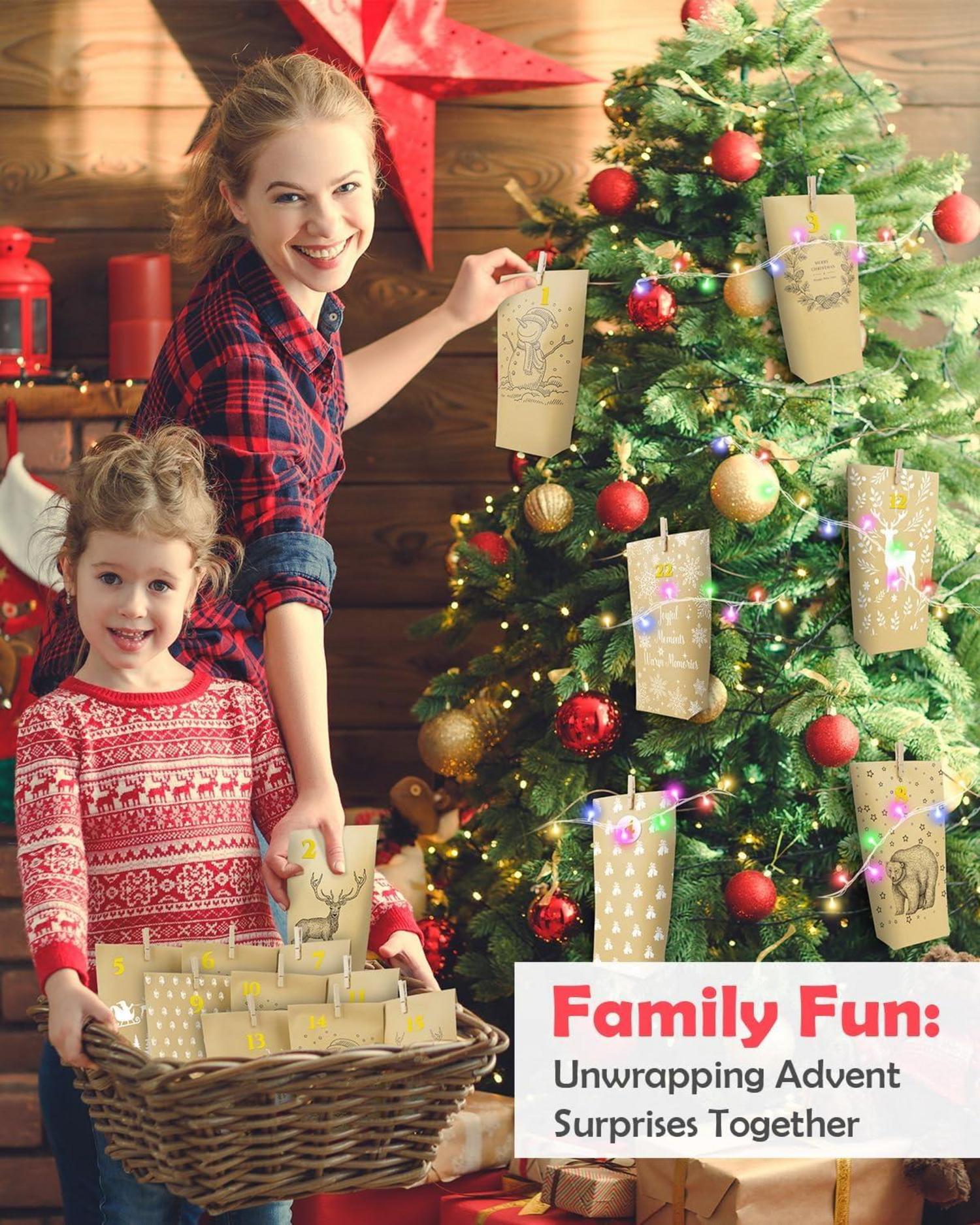GRANDFUN Adventskalender Papiertüten mit Lichterkette