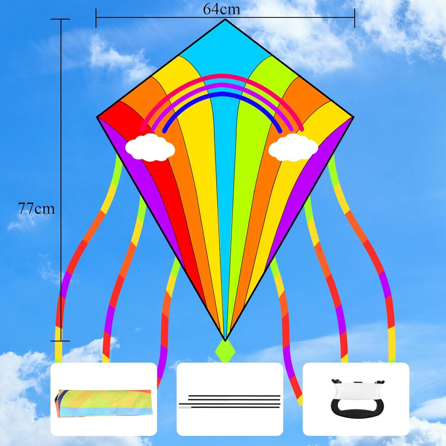 Bunter Regenbogen-Drache für Kinder 64x77cm - Flugdrachen mit bunten Schleifen