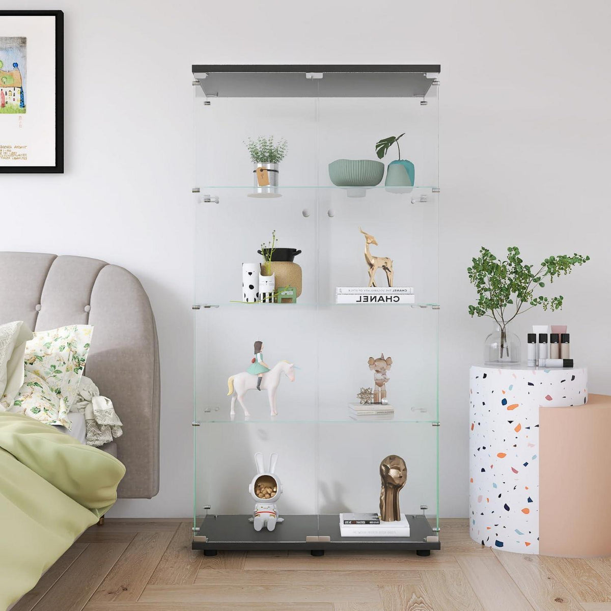 Glasvitrine 164 cm | 4 Etagen, 2 Türen & Schloss | Modern & Stehend