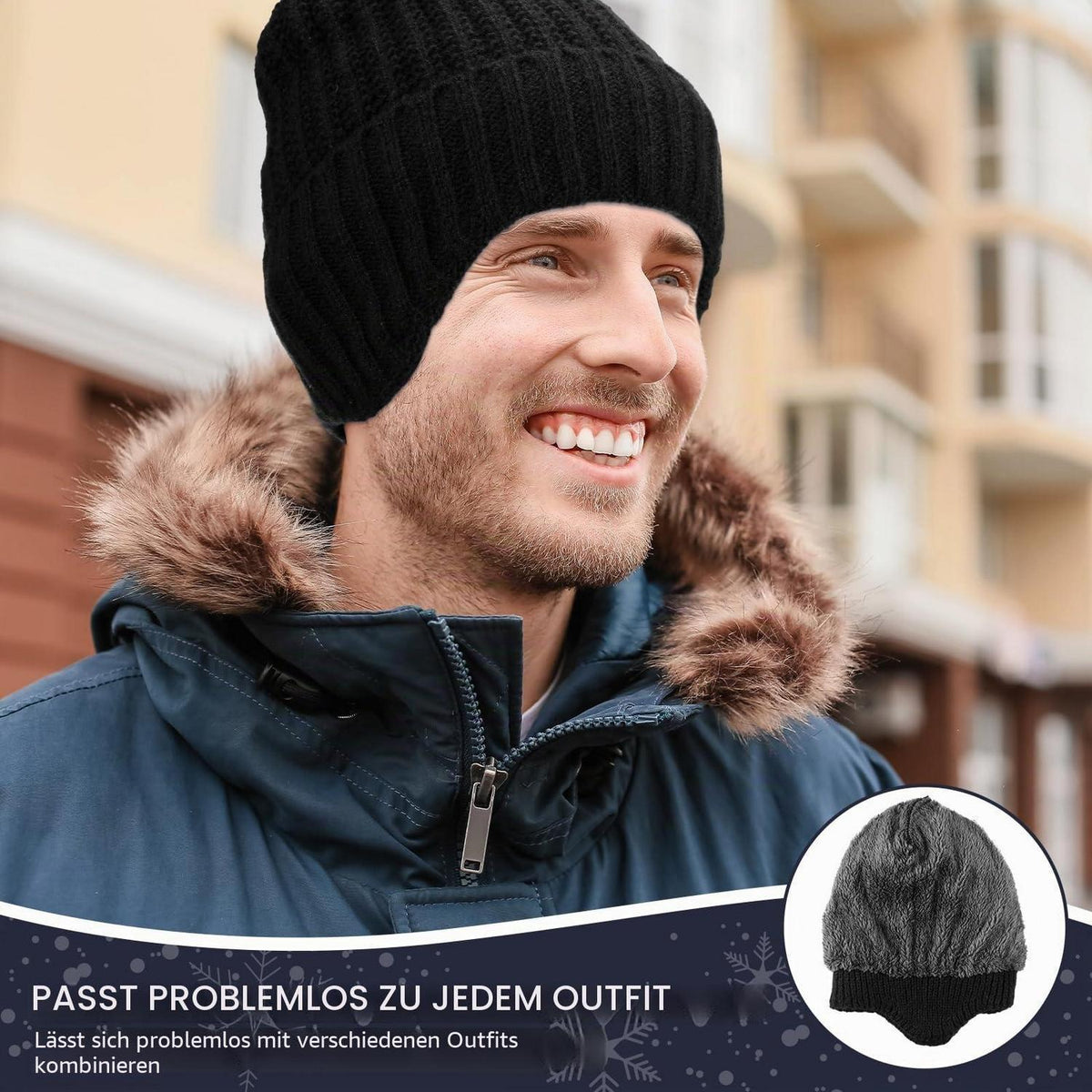 Strickmütze mit Ohrenklappen für Damen und Herren, warm gefüttert