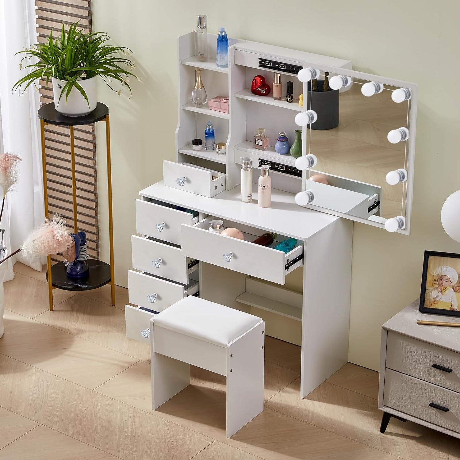 Ereousa Schminktisch mit LED-Beleuchtung und Hocker, Weiß, 6