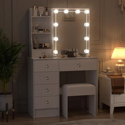 Ereousa Schminktisch mit Beleuchtung und Hocker, Weiß, Zeitloses Design, 6 Schubladen, 3 Regale, Spiegel, MDF/Massivholz
