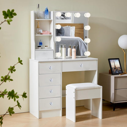 Ereousa Schminktisch mit Beleuchtung und Hocker, Weiß, Zeitloses Design, 6 Schubladen, 3 Regale, Spiegel, MDF/Massivholz
