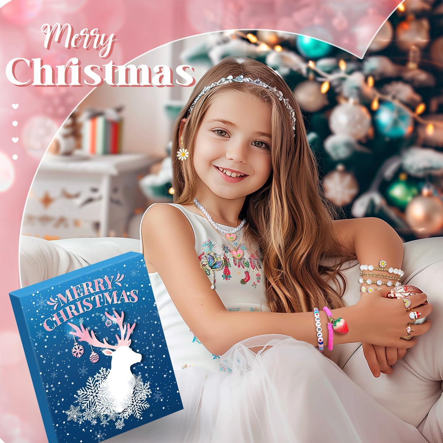 Adventskalender Schmuck Teenager Mädchen 2024 Weihnachtskalender Niedliche Schmuckkalender Halskette Armband Ringe Ohrringe