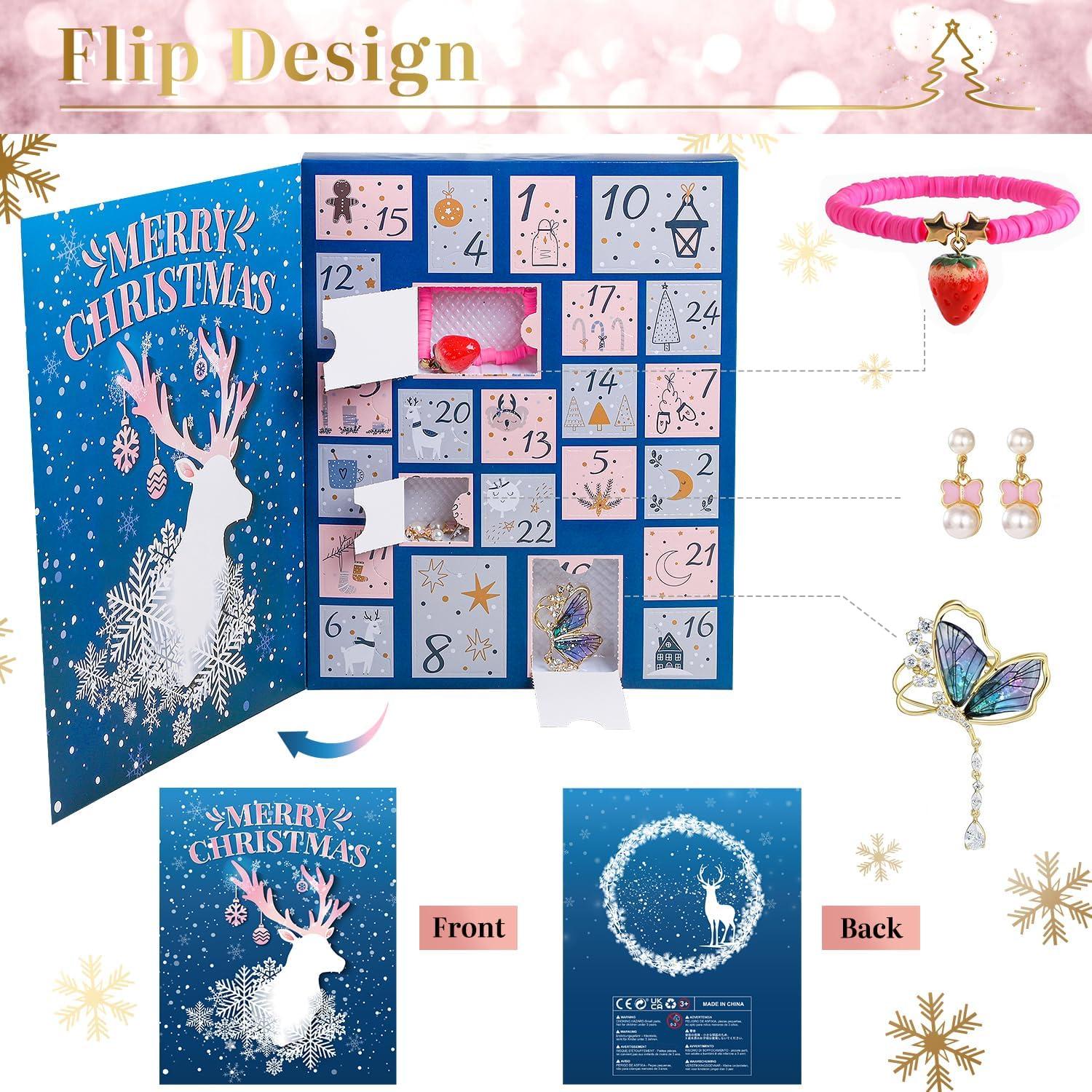 Adventskalender Mädchen 2024 mit Schmuck Halskette Armband Ring Ohrring